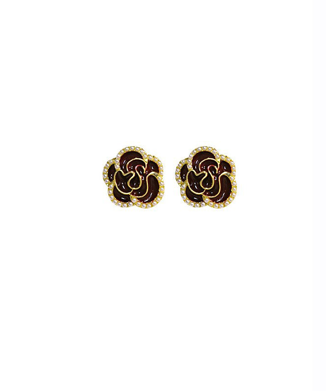 Boutique Red Alloy Pearl Zircon Floral Stud Earrings