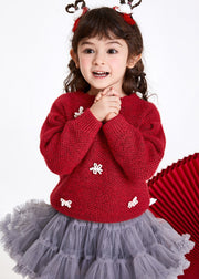 Boutique Red Bow Cotton Knit Girls Sweaters Winter