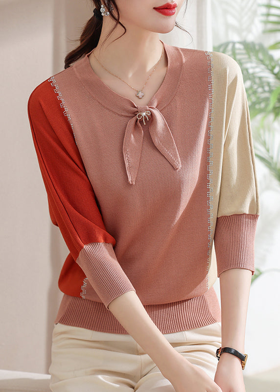 Boutique Red Bow Zircon Patchwork Knit Pullover Batwing Sleeve