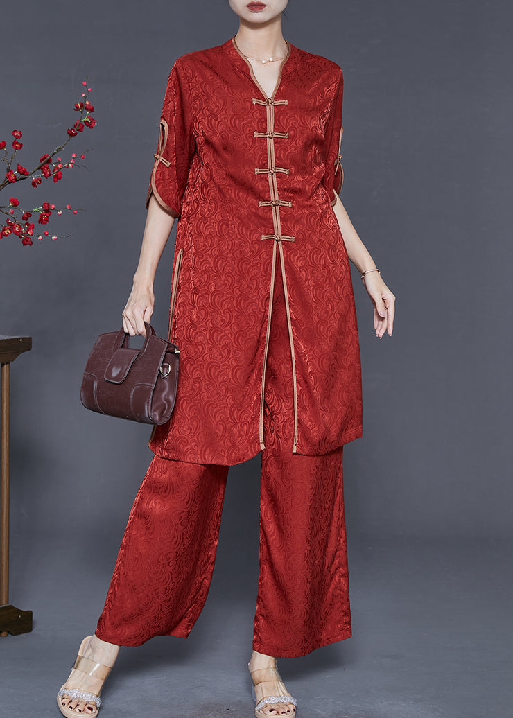 Boutique Red Chinese Button Jacquard Silk Two Piece Set Summer