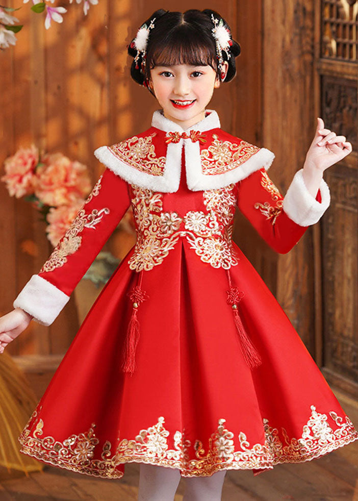 Boutique Red Fur Collar Embroideried Girls Shawl And Dress Two Piece Set Winter