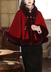 Boutique Red Fur Collar Patchwork Warm Fleece Cape Winter