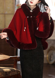 Boutique Red Fur Collar Patchwork Warm Fleece Cape Winter