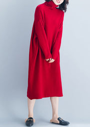 Boutique Red Hign Neck Patchwork Long Knit Dress Winter