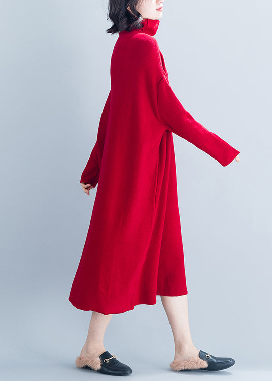 Boutique Red Hign Neck Patchwork Long Knit Dress Winter