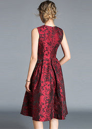 Boutique Red Jacquard Wrinkled Patchwork Silk Party Dress Sleeveless