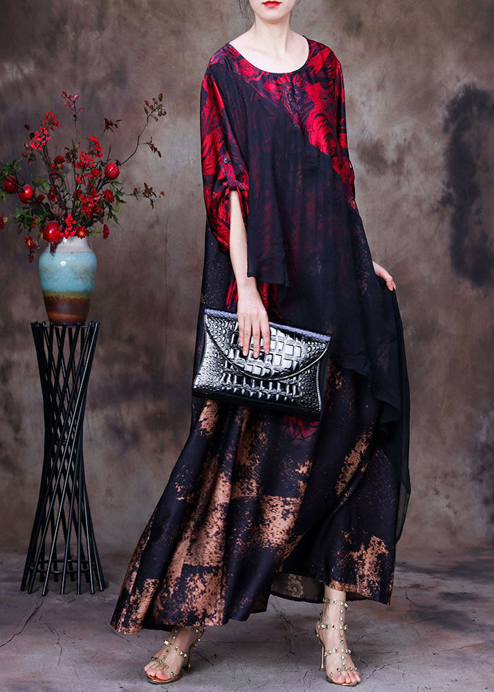 Boutique Red O-Neck Asymmetrical Design Patchwork Silk Long Dress Long Sleeve