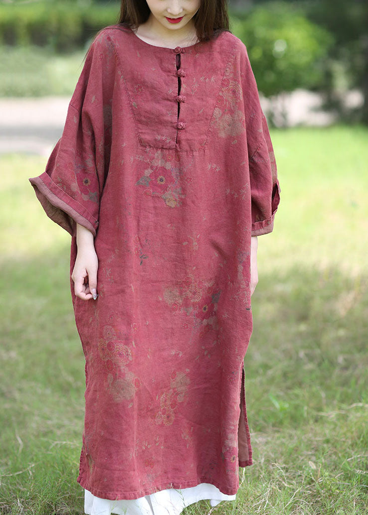 Boutique Red O-Neck Oversized Print Linen Dress Spring