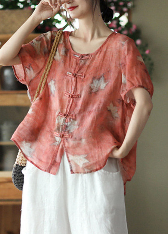 Boutique Red O-Neck Print Linen Short Sleeve