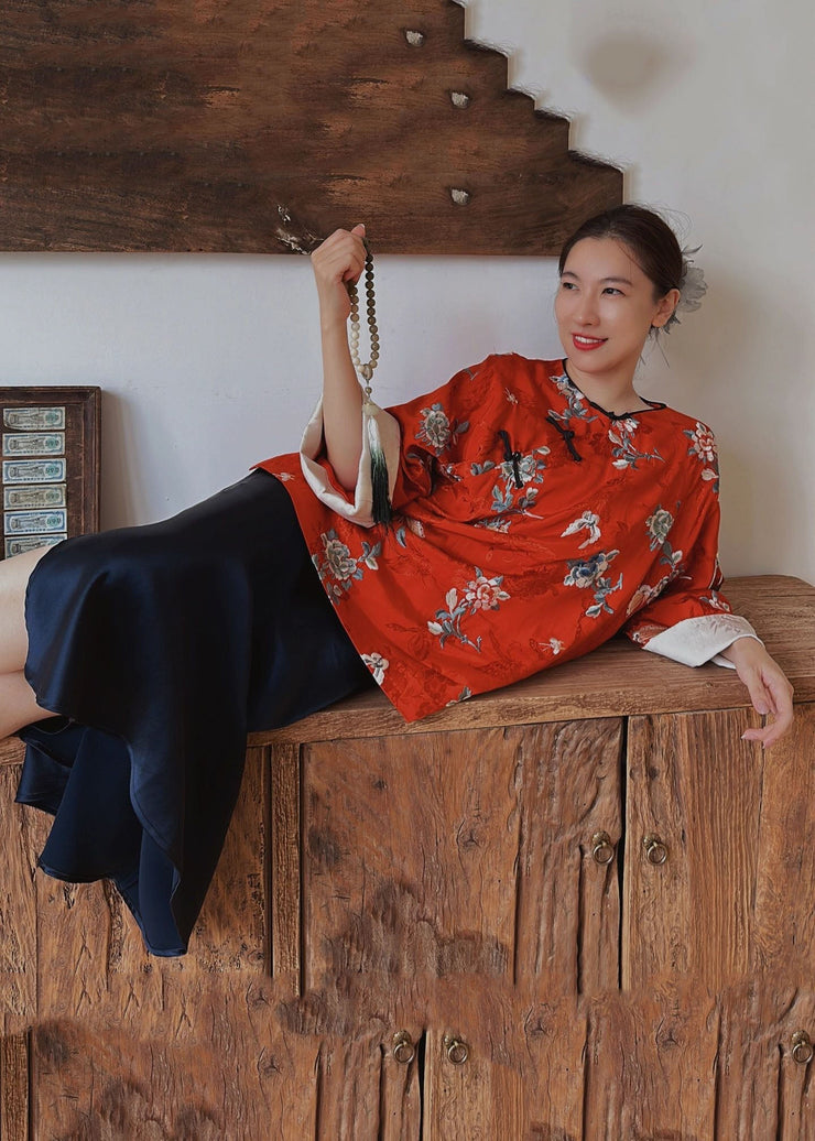 Boutique Red Print Top And Blue Maxi Skirts Two Pieces Set Fall