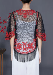 Boutique Red Sequins Tassel Tulle Cardigan Summer