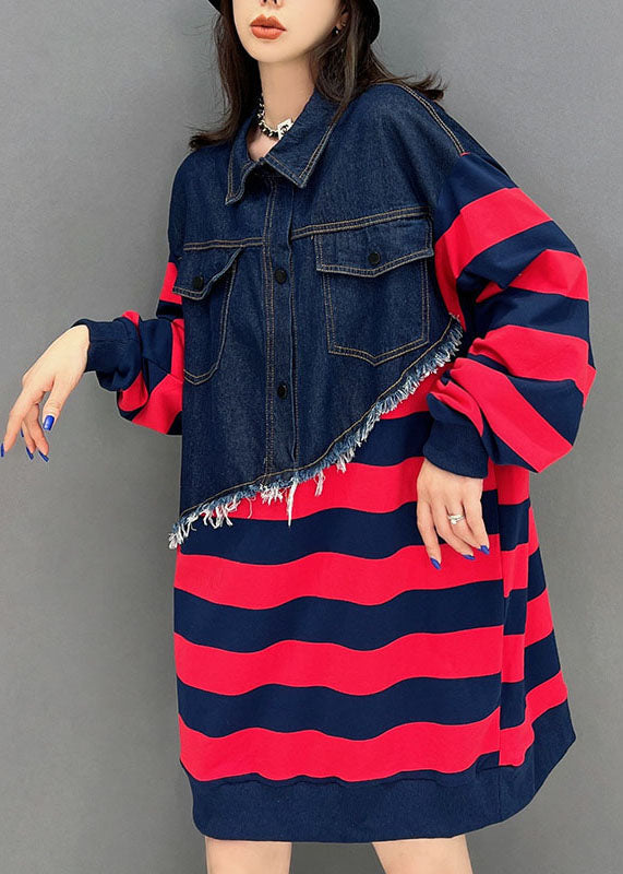 Boutique Red Striped Patchwork Denim Cotton Sweatshirts Dress Fall