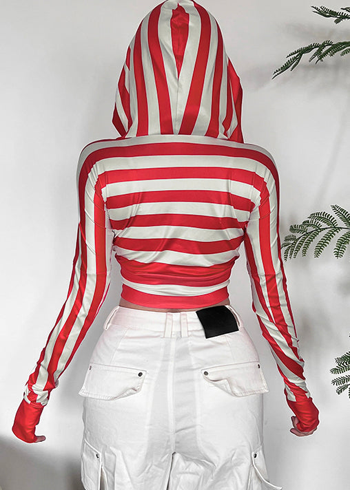 Boutique Red Striped V Neck Hooded Cotton T Shirt Tops Fall