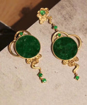 Boutique Retro Green Jade Patchwork 14K Drop Earrings