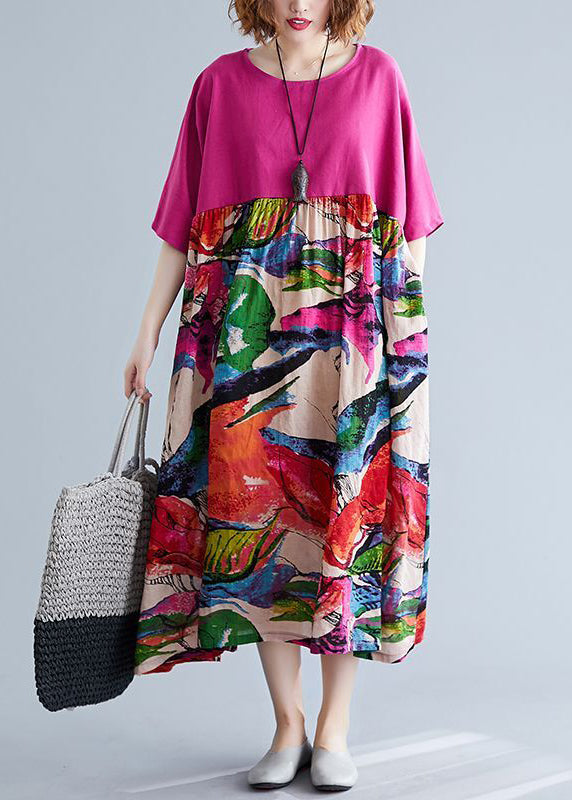 Boutique Rose Oversized Patchwork Print Cotton Maxi Dresses Half Sleeve