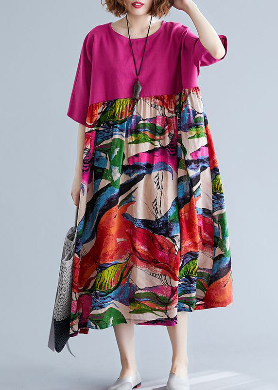 Boutique Rose Oversized Patchwork Print Cotton Maxi Dresses Half Sleeve