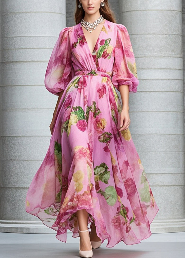 Boutique Rose Print Exra Large Hem Chiffon Maxi Dresses Fall