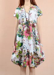 Boutique Rose V Neck Print Patchwork Linen Dresses Summer