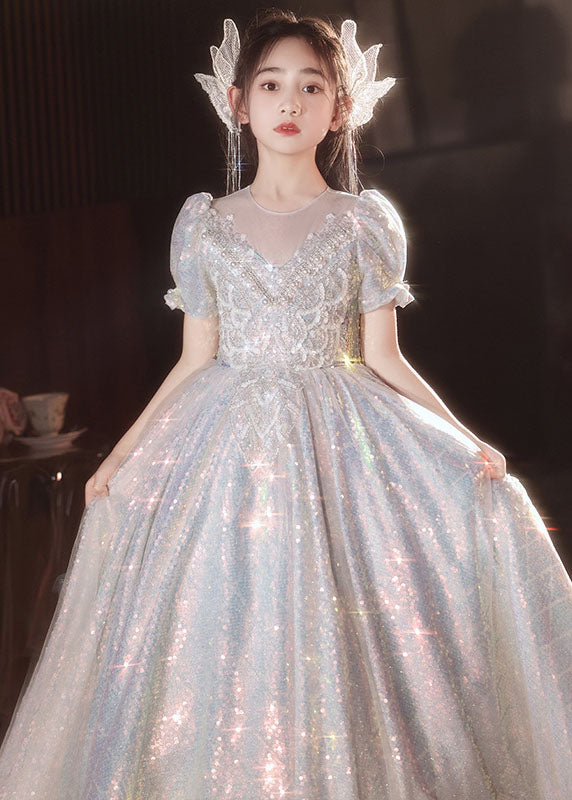 Boutique Silver Nail Bead Tulle Patchwork Girls Vacation Long Dresses Summer