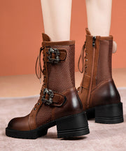 Boutique Splicing Chunky Boots Coffee Hollow Out Cowhide Leather