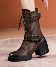 Boutique Splicing Chunky Boots Coffee Hollow Out Cowhide Leather