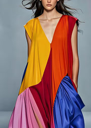 Boutique V Neck Wrinkled Patchwork Silk Long Dress Sleeveless