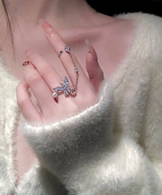 Boutique White Alloy Zircon Butterfly Tassel Rings