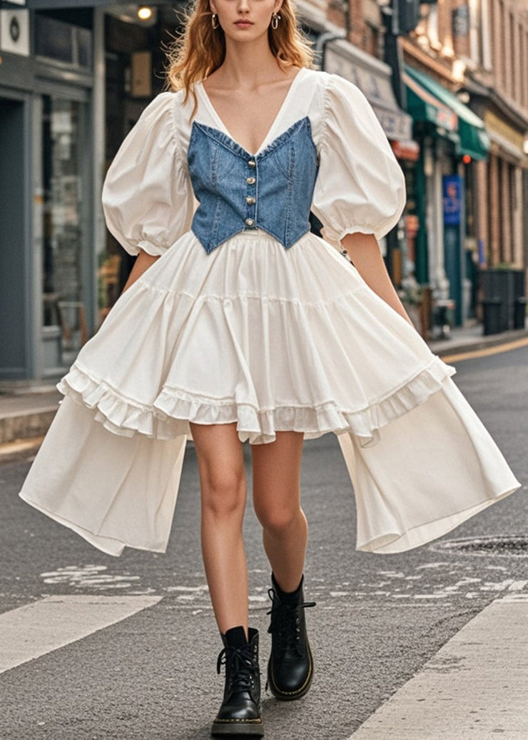 Boutique White Asymmetrical Patchwork Cotton Tea Dress Puff Sleeve