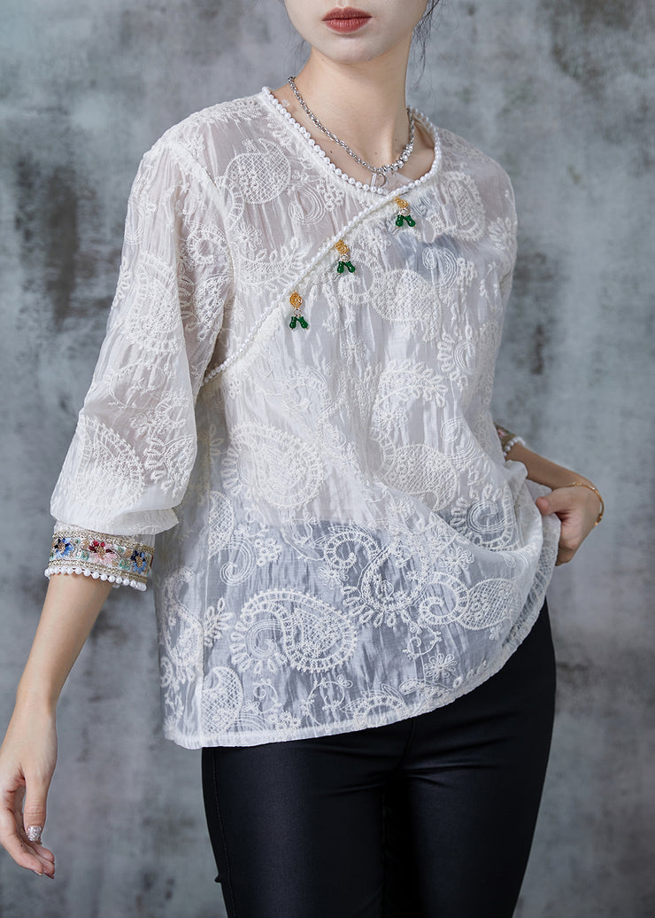 Boutique White Embroidered Nail Bead Oriental Shirt Tops Fall