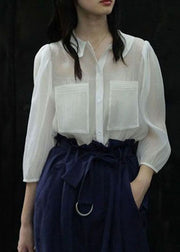 Boutique White Peter Pan Collar Patchwork Chiffon Top Spring