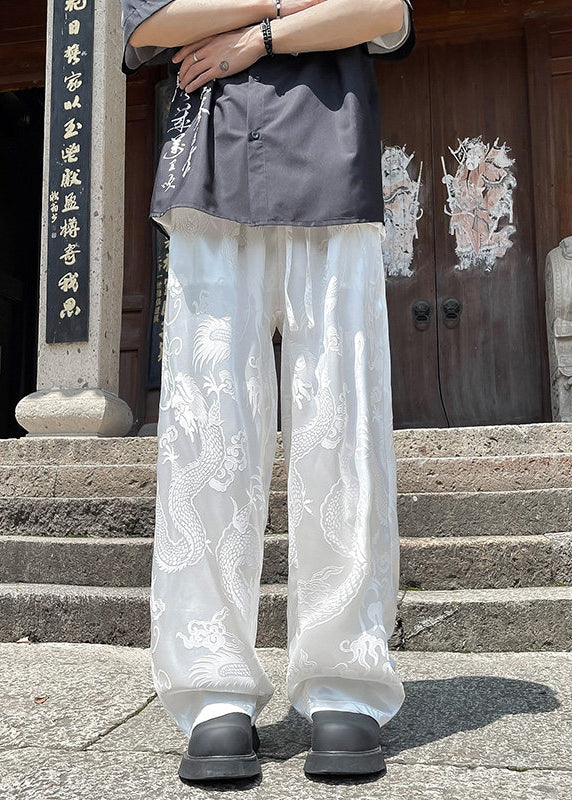 Boutique White Pockets Oriental Print Ice Silk Mens Pants Summer