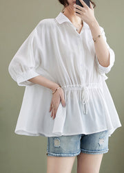 Boutique White Ruffled Cinched Cotton Blouse Top Summer