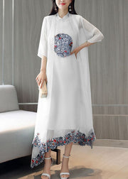 Boutique White Ruffled Embroideried Patchwork Silk Two Pieces Set Summer