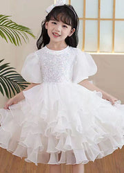 Boutique White Ruffled Sequins Patchwork Tulle Kids Girls Party Dresses Summer