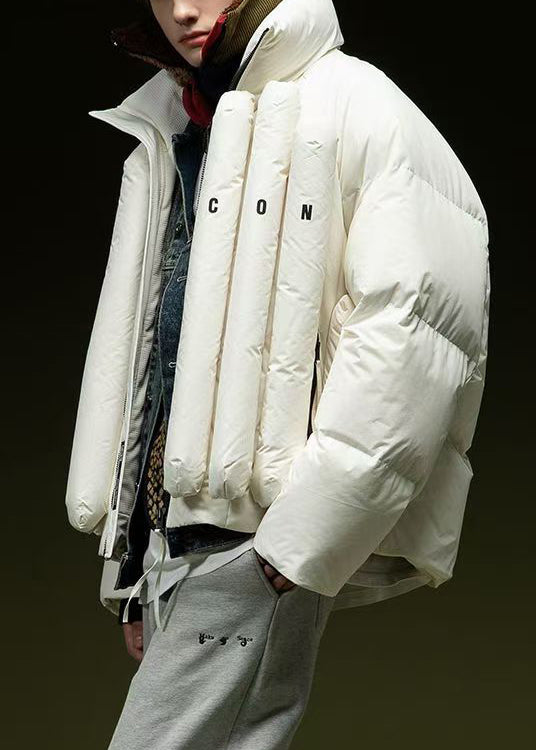 Boutique White Stand Collar Zip Up Letter Duck Down Mens Coat Winte