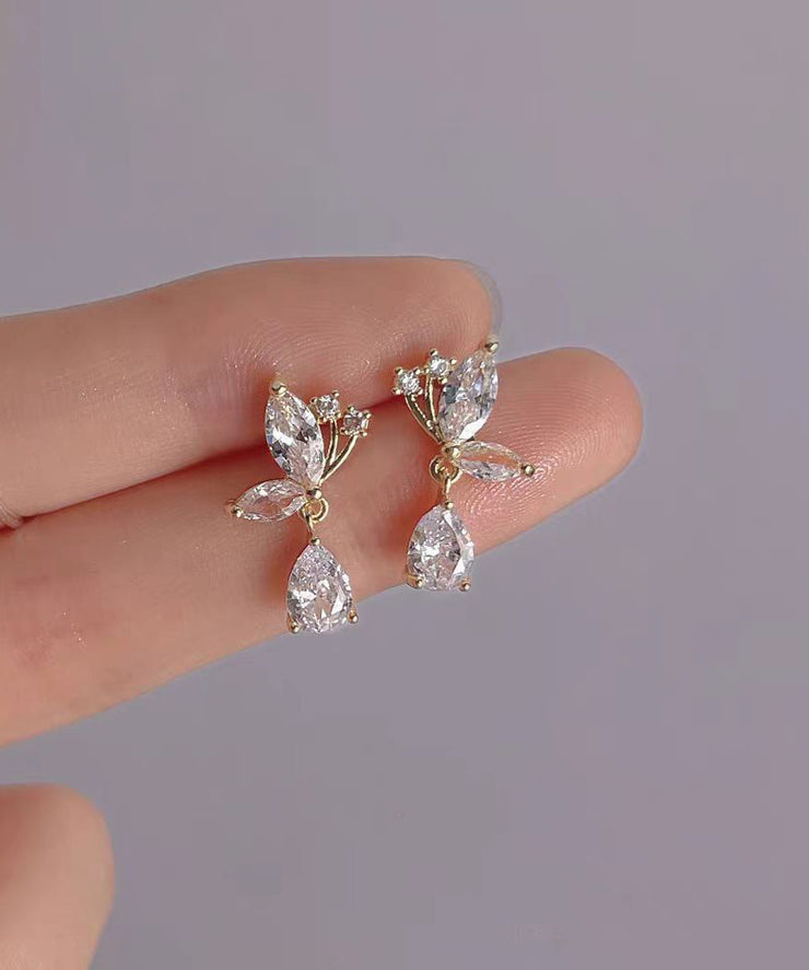 Boutique White Sterling Silver Overgild Zircon Water Drop Butterfly Stud Earrings