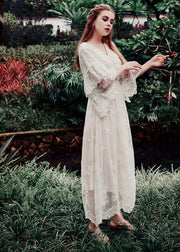 Boutique White V Neck Embroideried Ruffles Lace Maxi Dress Flare Sleeve