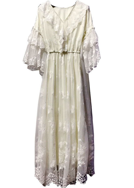 Boutique White V Neck Embroideried Ruffles Lace Maxi Dress Flare Sleeve