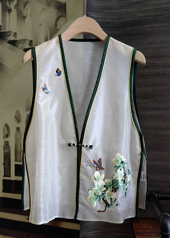 Boutique White V Neck Patchwork Embroideried Side Open Silk Vest Sleeveless