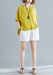 Boutique Yellow Asymmetrical Patchwork Ruffled Cotton T Shirt Short Sleeve