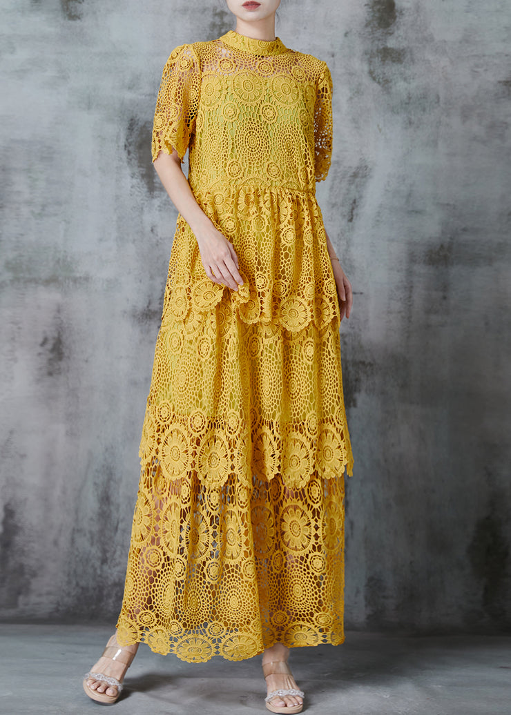 Boutique Yellow Hollow Out Lace Long Dress Summer