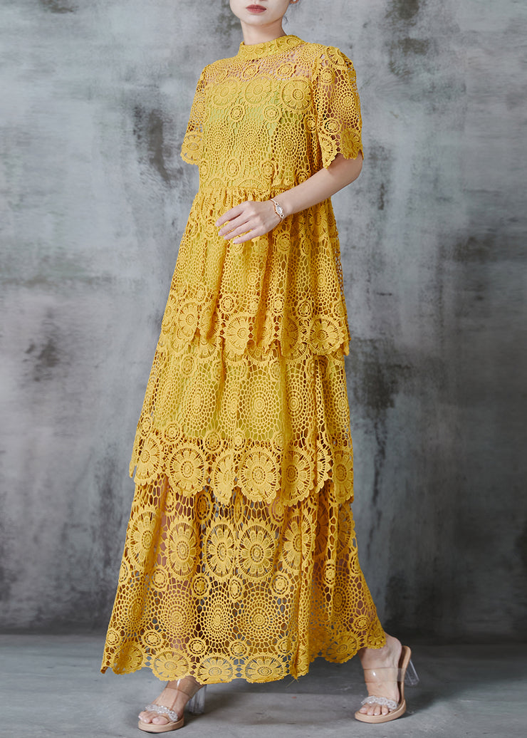 Boutique Yellow Hollow Out Lace Long Dress Summer