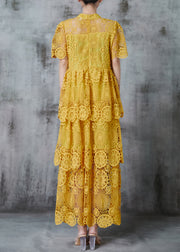 Boutique Yellow Hollow Out Lace Long Dress Summer