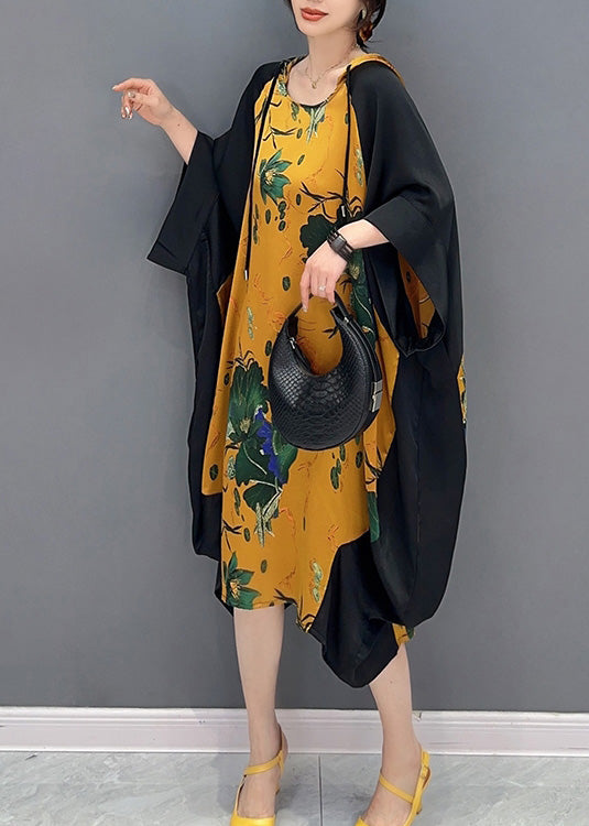 Boutique Yellow Neck Tie Print Party Hooded Long Dress Summer