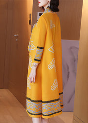 Boutique Yellow O-Neck Print Low High Desig Maxi Dresses Long Sleeve