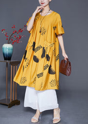 Boutique Yellow Oversized Print Pockets Linen Silk Dresses Summer