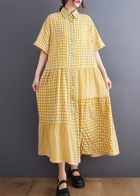 Boutique Yellow Peter Pan Collar Plaid Maxi Dresses Summer