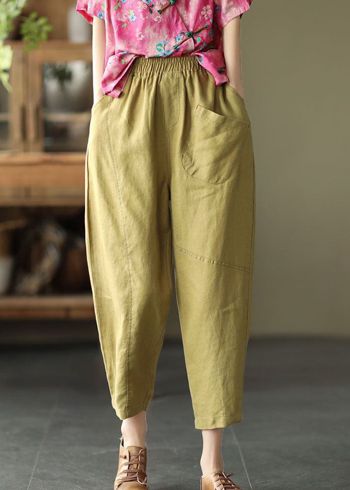 Boutique Yellow Pockets Patchwork Linen Crop Pants Summer