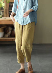 Boutique Yellow Pockets Patchwork Linen Crop Pants Summer