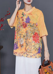 Boutique Yellow Print Chiffon Fake Two Piece Shirt Tops Summer